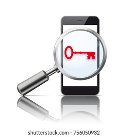 Black smartphone with loupe with red key on the white background. Eps 10 vector file.