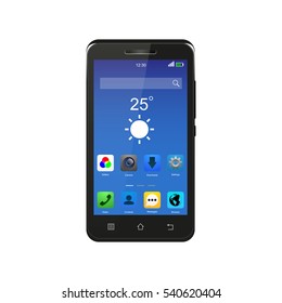 Black smartphone with menu icons isolated on white, vector illustration