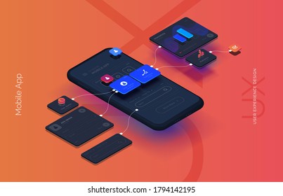 Black smartphone with mobile app interface design. User interface user experience development. Modern vector illustration isometric style