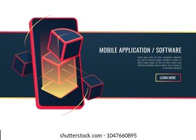 Black smartphone with mobile application.Concept of phone software. Conceptual vector vertical banner.3d realistic style