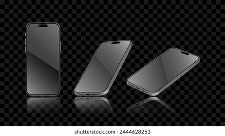 Schwarzes Smartphone und mobiler Display-Licht-Banner. Smartphone-Bildschirm mit vorderer, perspektivischer Seitenansicht Vorlage mit Schatten auf dunklem Hintergrund. Vektorgrafik abstrakt für Banner.