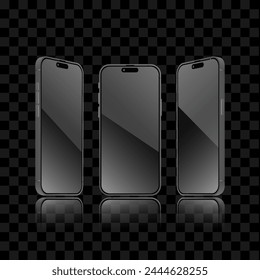 Black Smartphone and mobile display light banner. Smartphone screen with front, perspective side view template with shadow on a dark background. Vector abstract for banners.