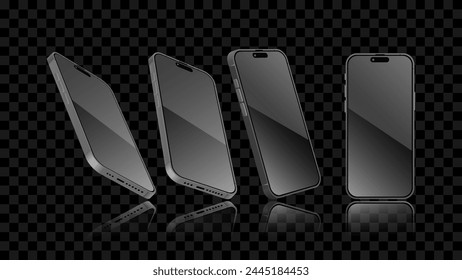 Smartphone negro y Anuncio de luz de pantalla móvil. Pantalla de teléfono inteligente con Plantilla de vista frontal, lateral en perspectiva con sombra sobre un fondo oscuro. Vector abstracto para Anuncios.