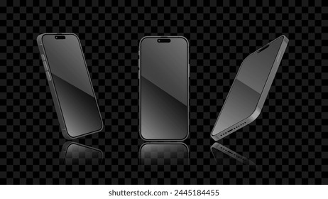 Schwarzes Smartphone und mobiler Display-Licht-Banner. Smartphone-Bildschirm mit vorderer, perspektivischer Seitenansicht Vorlage mit Schatten auf dunklem Hintergrund. Vektorgrafik abstrakt für Banner.