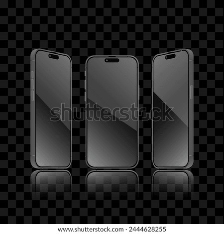 Black Smartphone and mobile display light banner. Smartphone screen with front, perspective side view template with shadow on a dark background. Vector abstract for banners.