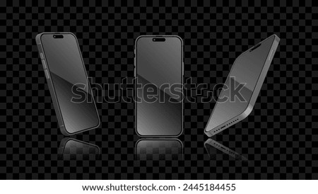 Black Smartphone and mobile display light banner. Smartphone screen with front, perspective side view template with shadow on a dark background. Vector abstract for banners.
