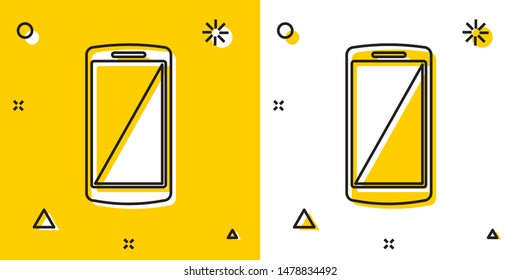 Black Smartphone, mobile phone icon isolated on yellow and white background. Random dynamic shapes. Vector Illustration