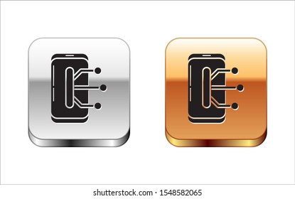Black Smartphone, mobile phone icon isolated on white background. Silver-gold square button. Vector Illustration