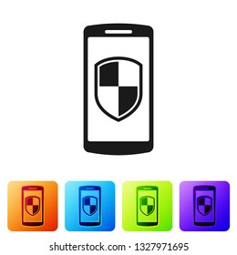 Black Smartphone, mobile phone with security shield icon isolated on white background. Set icon in color square buttons. Vector Illustration