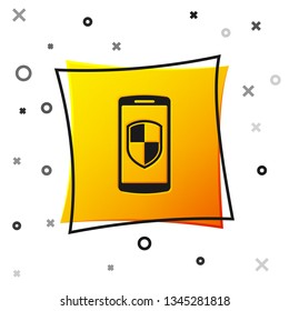 Black Smartphone, mobile phone with security shield icon isolated on white background. Yellow square button. Vector Illustration