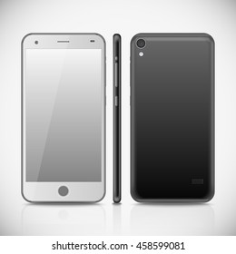 Black smartphone mockup with blank screen. Mobile phone isolated on white background. Realistic vector illustration for web design and application development.