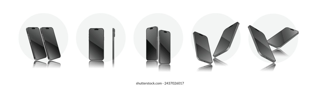 Schwarzes Smartphone Mockup in verschiedenen Winkeln mit editierbarem Bildschirm. 3D-Perspektive Ansicht Handy Mockup. Vorlage für Vorderansicht, Seitenansicht. Vektor.