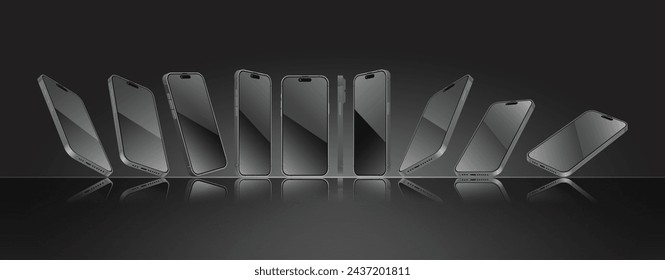 Black Smartphone mockup in different angles collection. 3D perspective view mobile phone and cellphone mockup. Front, perspective side view template. Vector.