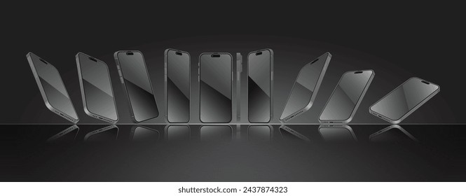 Black Smartphone mockup in different angles collection. 3D perspective view mobile phone and cellphone mockup. Front, perspective side view template. Vector.