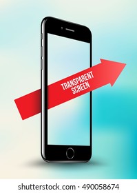 Black smartphone mock-up transparent screen with red arrow on blue background. Vector illustration.