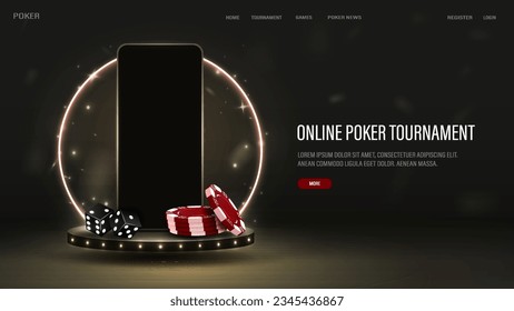 A black smartphone on a 3d podium with dice and poker chips with a bright gold neon frame. A web banner with a casino concept.
