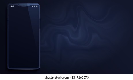 Black Smartphone Is On Abstract Dark Marbling Background. Imaginary Phone With Original Shape Of A Frame. 3d Realistic Vector Image. Dark Gray Wallpaper With A Trendy Fluid Painting. 16:9 Aspect Ratio