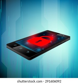 Black smartphone on abstract technological background. Sign of the red lock on the screen. Stock Vector.
