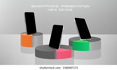Black smartphone on stylish podium. Realistic presentation black smartphone on a stand. Minimalistic 3D scene with phone presentation from different angles. Smartphone vector mockup