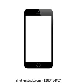 Black smartphone on white background. Mock up phone with blank screen. Isolated vector illustration.