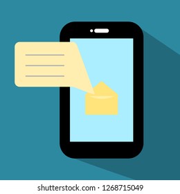 black smartphone with open yellow envelope shows no message in blank chat box on blue screen; online business connection and telecommunication concept