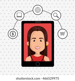 black smartphone over a white background with a cartoon woman in the screen over a red background and money,laptop,world map,lens and shopping cart symbols above vector illustration