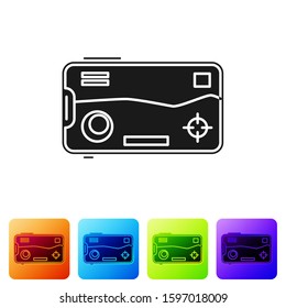 Black Smartphone and playing in game icon isolated on white background. Mobile gaming concept. Set icons in color square buttons. Vector Illustration