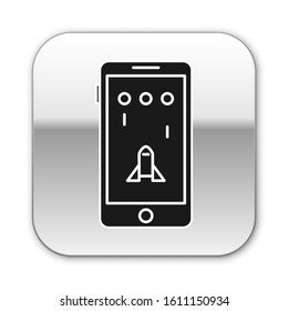 Black Smartphone and playing in game icon isolated on white background. Mobile gaming concept. Silver square button. Vector Illustration