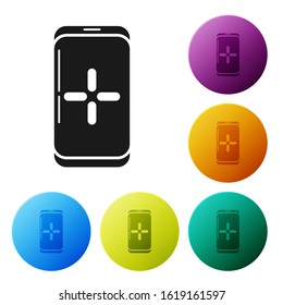 Black Smartphone and playing in game icon isolated on white background. Mobile gaming concept. Set icons colorful circle buttons. Vector Illustration