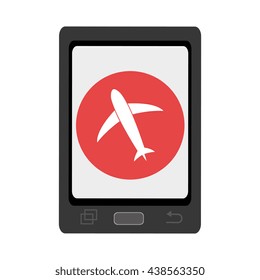 black smartphone with red circle and white airplane icon over isolated background,vector illustration