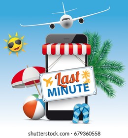 Black smartphone with red marquee, funny sun, sunshade, jet and text Last Minute. Eps 10 vector file. 