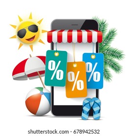 Black smartphone with red marquee, sun, palms, sunshade and colored price stickers with percents. Eps 10 vector file. 
