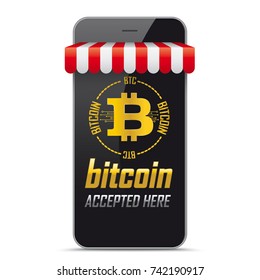 Black smartphone with red marquee and text Bitcoin Accepted here. Eps 10 vector file. 