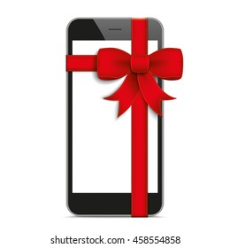 Black smartphone with red ribbon and shadows on the white background. 