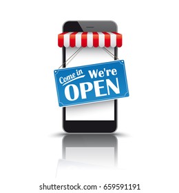 Black smartphone with red white awning and sign Come In We're Open. Eps 10 vector file. 