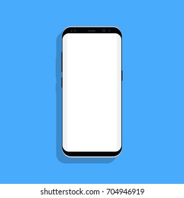 Black smartphone Samsung Galaxy S8 with transparent shadow on blue background. Cellphone with blank screen in modern flat design. Vector illustration