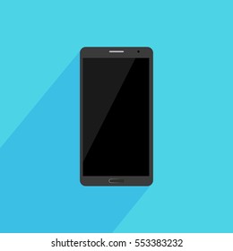 Black smartphone Samsung on blue background with long shadow. Flat design. Vector illustration