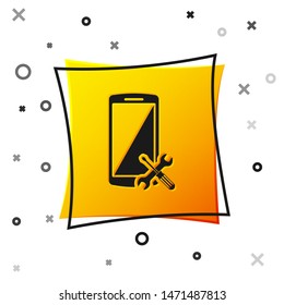 Black Smartphone with screwdriver and wrench icon isolated on white background. Adjusting, service, setting, maintenance, repair, fixing. Yellow square button. Vector Illustration