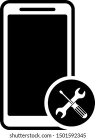 Black Smartphone with screwdriver and wrench icon isolated on white background. Adjusting, service, setting, maintenance, repair, fixing.  Vector Illustration