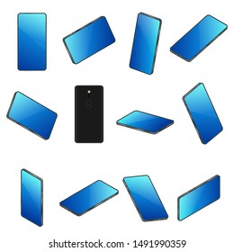 Black smartphone. A set of ten perspectives. Realistic 3D view. Isolated on white background