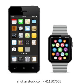 Black smartphone with smart watch. Vector illustration.