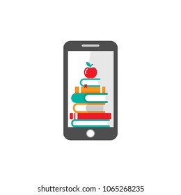 black smartphone with stack of colorful books and apple. Isolated on white background. Flat vector illustration. Internet knowledge symbol. online education or cources sign. 