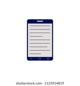 Black smartphone or tablet with opened electronic book for online reading and education concept isolated on white background - flat vector illustration of telephone with informational source.