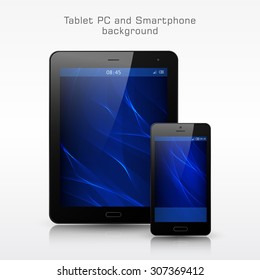 Black Smartphone and Tablet PC mockup. Modern blue wavy background for smartphone and tablet