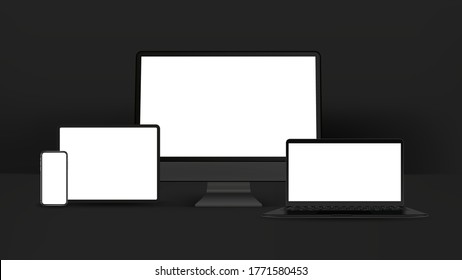 Black smartphone, tablet, personal computer, laptop isolated on white background. Realistic and detailed devices mockup