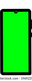 Smartphone negro con minúsculo toque de agua y pantalla verde. Vector de ilustración de dibujos animados. Aislado.