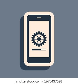 Black Smartphone update process with gearbox progress and loading bar icon isolated on grey background. System software update and upgrade concept. Long shadow style. Vector Illustration