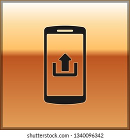 Black Smartphone with upload icon isolated on gold background. Vector Illustration