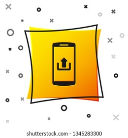 Black Smartphone with upload icon isolated on white background. Yellow square button. Vector Illustration