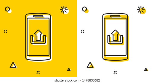 Black Smartphone with upload icon isolated on yellow and white background. Random dynamic shapes. Vector Illustration